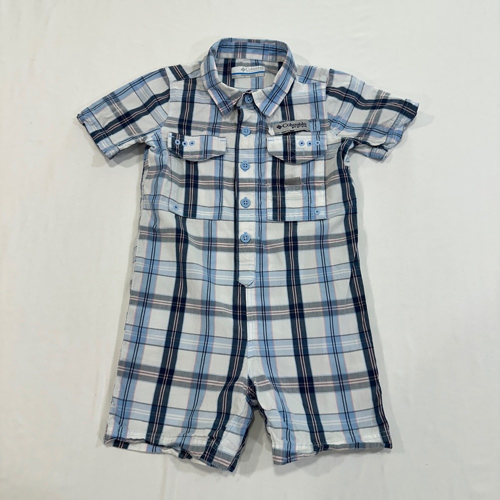 Columbia PFG Tamiami Romper Baby Boys 18-24M Blue Plaid Snap Bottom